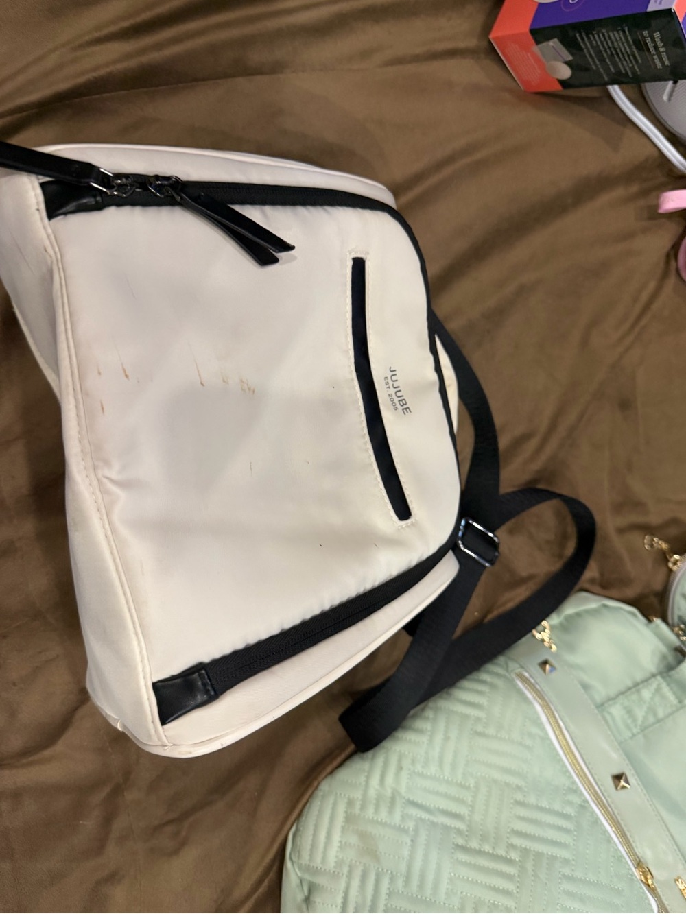 Ju-Ju-Be White Sling Backpack with Black Trim and Strap